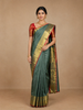 Dark grey Pure Kanchipuram Silk Saree Stipes with Zari Border
