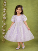 Lavender Net Gown Adorned With Floral Designs and Puff Sleeves