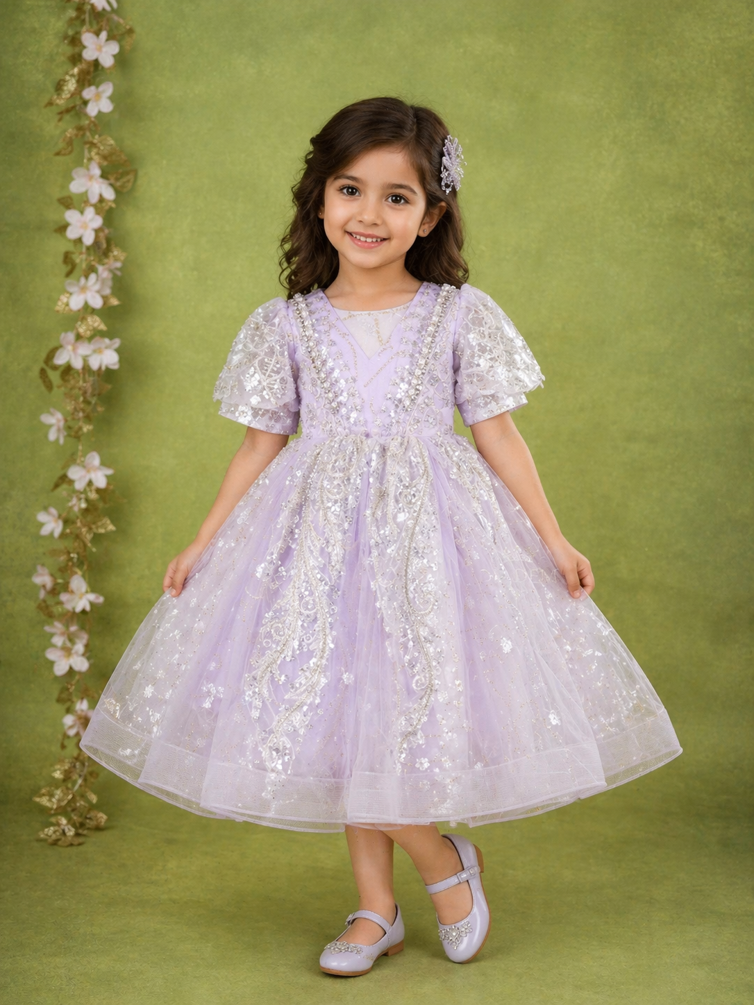 Lavender Net Gown Adorned With Floral Designs and Puff Sleeves | Diadem Lavender Net Gown Adorned With Floral Designs and Puff Sleeves | Diadem