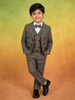 Grey Kids Coat Suit Adorned with Checks and Stripes Design Attached with Bow