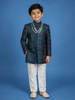 Teal Blue Cotton Floral Embroidery Sherwani And Pant Set