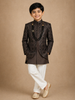 Dark Brown Geometric Embroidered Semi Silk Kids Sherwani Set with White Pants