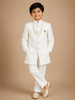 White Diamond Design Kids Semi Silk Sherwani Set with Pearl Brooch Accessory