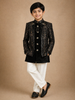 Black Sequins Embroidered Kids Velvet Sherwani Set with White Pants