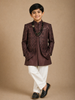 Brown Geometric Embroidered Kids Semi Silk Sherwani Set with White Pants