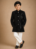Black Sequins Embroidered Velvet Kids Sherwani Set with White Pants