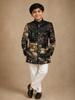 Black Digital Printed Designer Kids Polyester Sherwani Set with White Pants