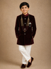 Wine Solid Velvet Kids Sherwani Set with White Pants
