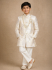 Cream Floral Brocade Kids Semi Silk Sherwani Set with White Pants