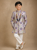 Purple and Beige Floral Design Printed Kids Semi Silk Sherwani
