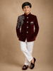 Wine Velvet Indo-Western Kids Sherwani With Beads Embellished Shoulder