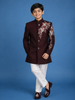 Wine Floral Embroidered Polyester Sherwani and Pant Set