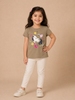 Olive Green Cotton Half Sleeve T-Shirt with Unicorn Designs for Girls