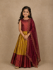 Maroon And Mustard Yellow Zari Woven Raw Silk Pattu Pavadai With Dupatta