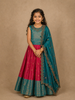 Teal Blue And Dark Pink Floral Zari Woven Raw Silk Pattu Pavadai With Dupatta