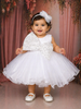 White Flared Sequin Design Net Frock With Oversized Bow