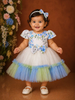 Off White Satin with Net Frock Adorned with Floral Prints and attached Bow