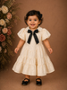 Ivory Embossed Cotton Frock with Attached Bow