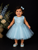 Aqua Blue Net Frock Adorned with Floral Laces and Pearl Beads