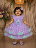 Lavender 3D Floral Layered Party Net Frock with Aqua Ruffle Accents