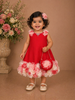 Red Crepe Frock Adorned with 3D Flowers paired with Purse