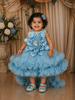 Aqua Blue Floral Layered Design Net Ruffle Frock