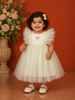 Olive Green Net Frock with Ruffle Sleeves and Attached Bow