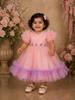 Light Peach Net Frock with Floral Beads and Ruffle Sleeves