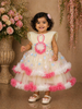 Cream 3D Floral Layered Party Net Frock with Pink Ruffle Accents