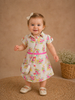 White Cotton Frock Adorned with Floral Designs, Collar and Sling bag for Girls