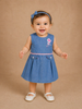 Blue Denim Frock Adorned With Flowers Designs and Closed Neck For Girls