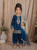 Royal Blue Floral Thread and Sequins Embroidered Design Tissue Silk Kids Palazzo Suit