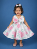 White Floral Glitter Embellished Party Net Frock with Oversized Bow