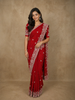 Crimson Red Floral Sequins and Beads Embroidered Design Satin Designer Saree with Scalloped Border