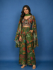 Olive Green Floral Printed Synthetic Palazzo Suit With Embroidered Crop Top