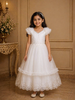 White Net Gown Adorned with Floral Embroidery featuring Ruffled Sleeves