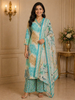 Aqua Blue Tie-Dye Printed Cotton Salwar Suit With Dupatta