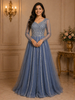 Dusty Blue Sequin Embroidered Net Party Gown with Corset Back