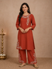 Coral Red Cotton Straight Salwar Suit with Floral Threadwork Embroidery