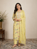 Lemon Yellow Straight Cut Salwar Suit Adorned with Floral Prints and Mirror work along with Dupatta
