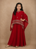 Dark Red Floral Sequins and Beads Embroidered Design Georgette Kids Palazzo Suit with Kaftan Sleeve