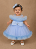 Powder Blue Ruffle Shoulder Net Party Frock with Glitter Bow