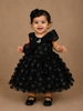 Black 3D Floral Net Party Frock with Glitter