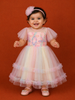 Light Peach Net Gown Adorned with Floral Threadwork