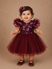 Wine Net Ball Gown Embellished with Floral Sequins and Ruffle Sleeves