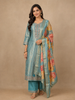 Teal Blue Sequins Design Floral Printed Banarasi silk Salwar Suit