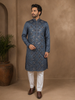 Grey Raw Silk Mirror Designed Kurta Set, With Pant