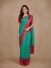 Sea Green Floral Woven Banarasi Silk Saree With Contrast Red Border