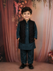 Teal Blue Silk Kurta Set with Embroidered Jacket for Boys