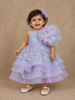 Lavender Layered Ruffle Design Net  Kids Gown with 3D Floral Work